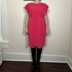 Alex Marie Vibrant Pink Midi Dress with Ruffle Sleeves Size 14